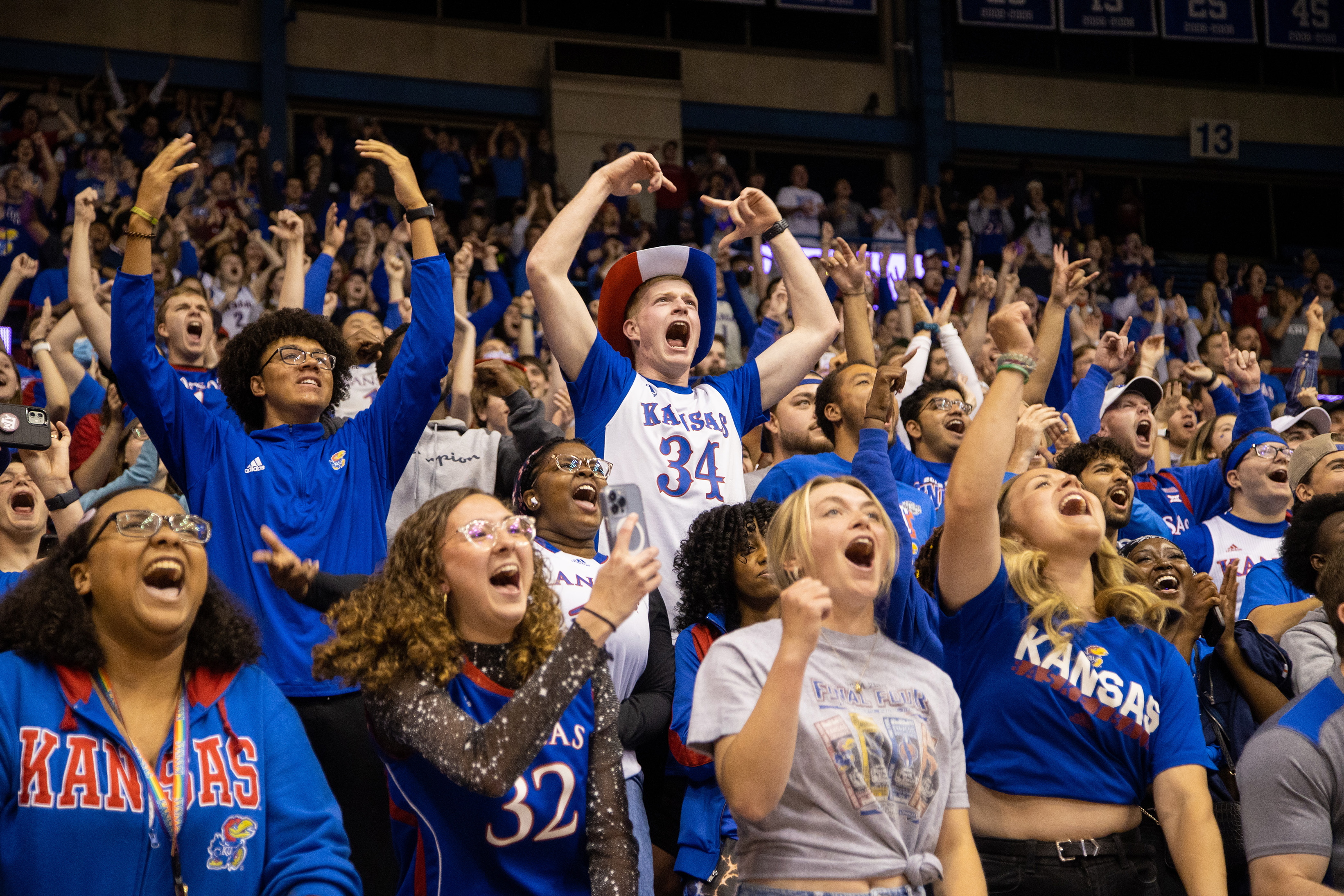 Students cheer during a KU men's basketball game at Allen Fieldhouse